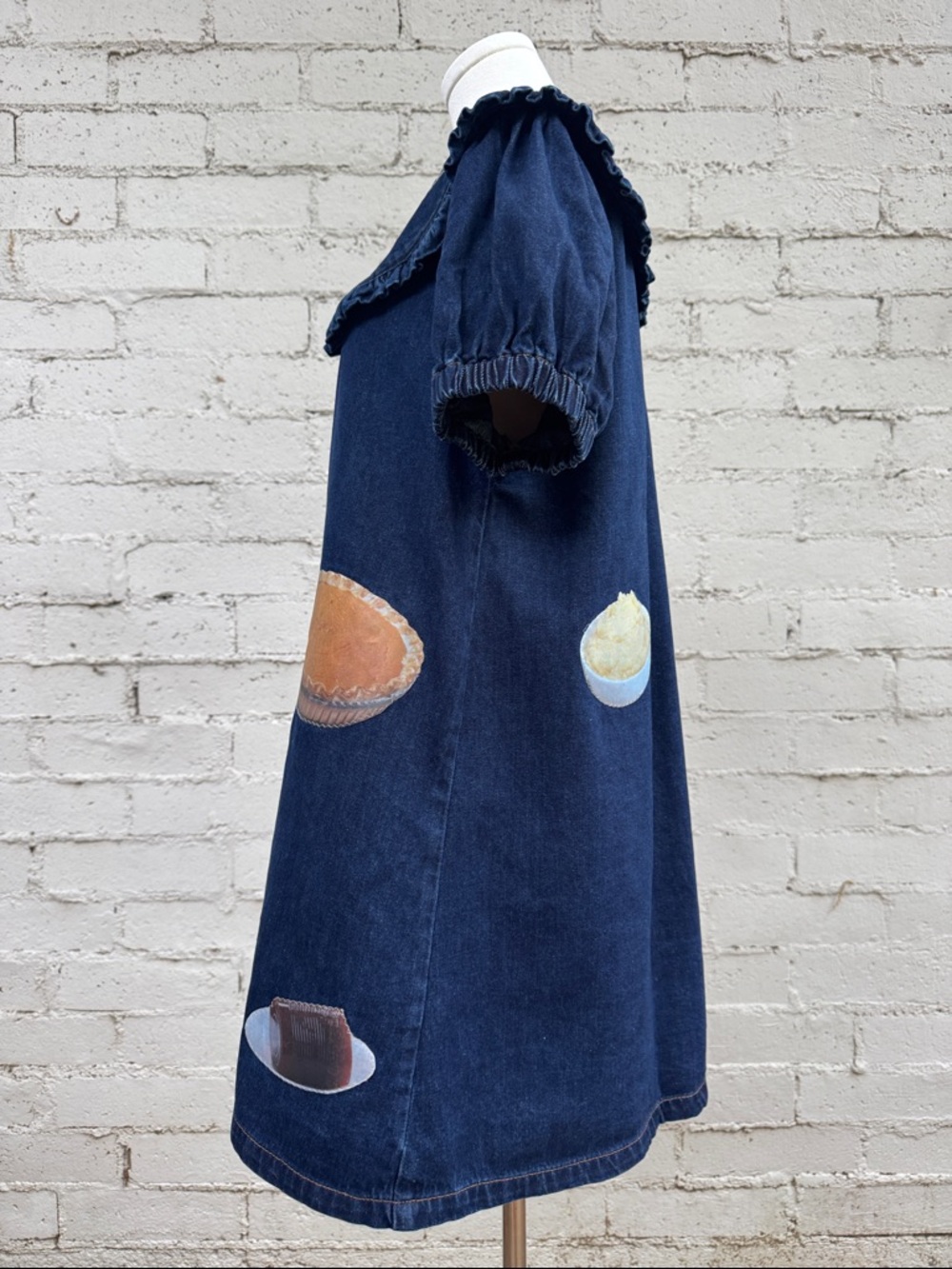 Cider Peter Pan Collar Denim Mini Dress Upcycled Thanksgiving Patches Size M - Picture 8 of 16